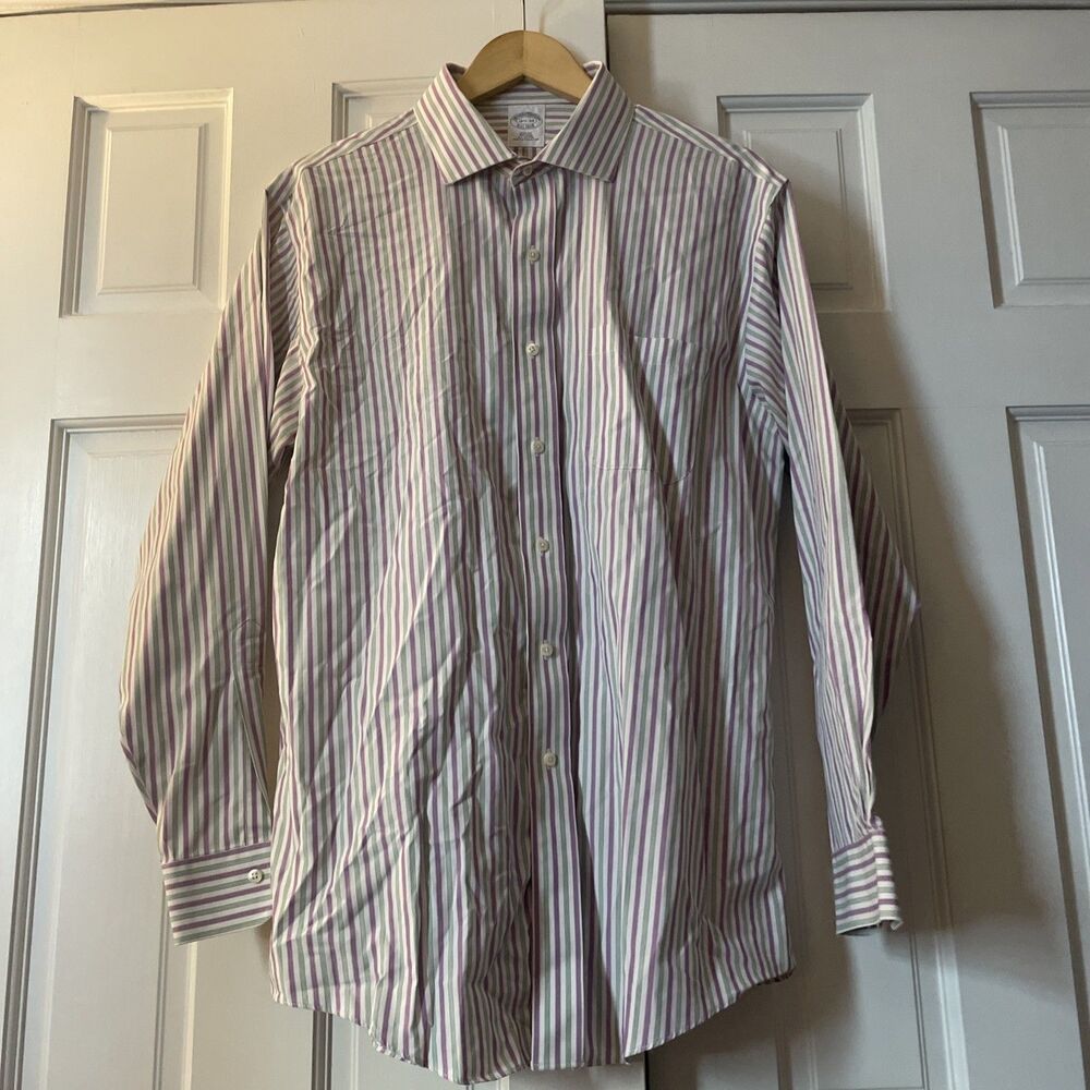Brooks Brothers Slim Fit Dress Shirt 16.5 34 Purple Green Striped